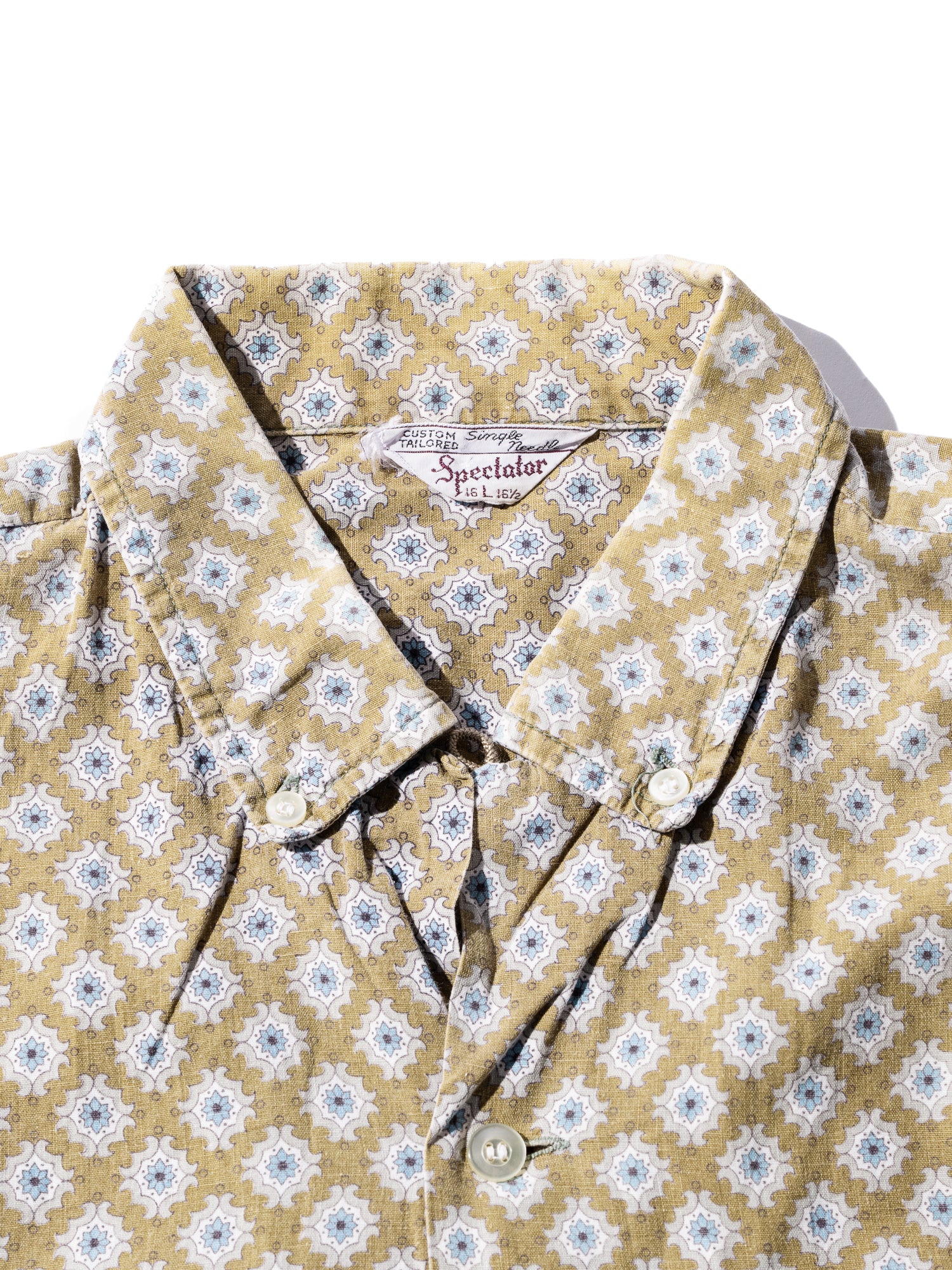 NorMo Vintage / 50's 60's "SPECTAOR" YELLOW PATTARN PRINT BD SHIRTS SIZE L CUSTOM TAILORED SINGLE NEEDLE