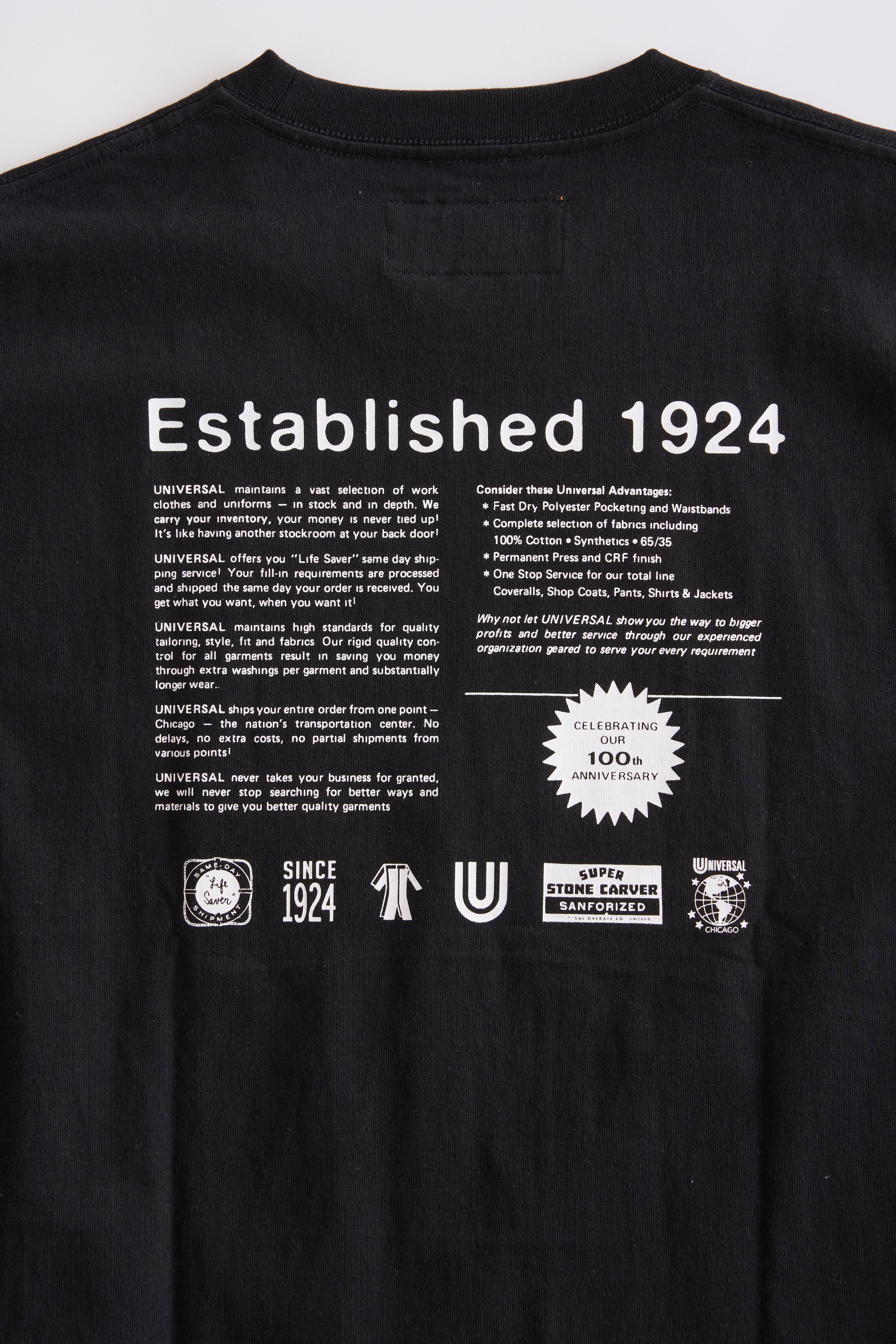 UNIVERSAL OVERALL  / VINTAGE TEXT LOGO TEE