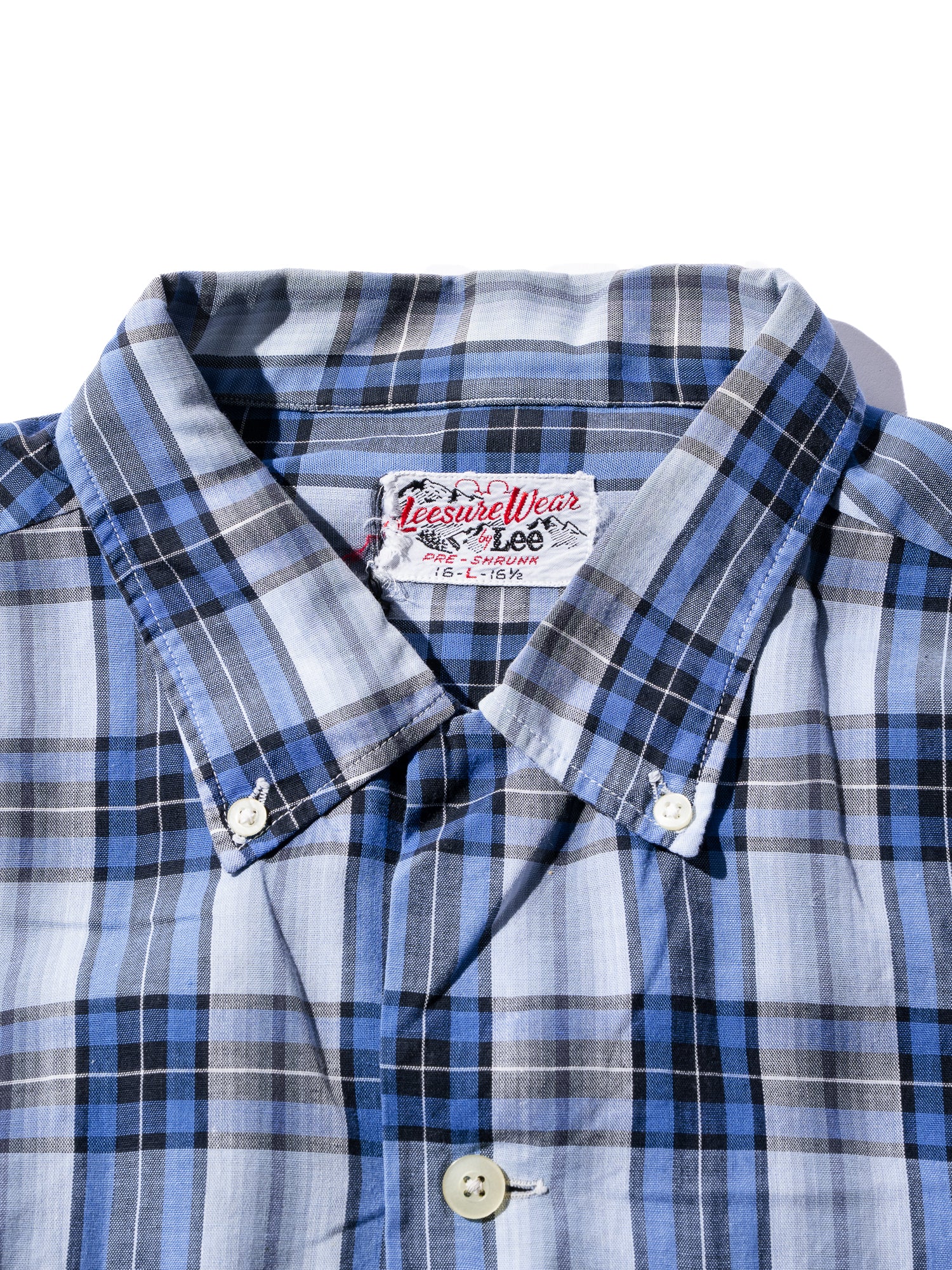NorMo Vintage / 50's  60's "LEE LEESURE WEAR" BLUE CHECK BD SHIRTS SIZE L PRE-SHRUNK