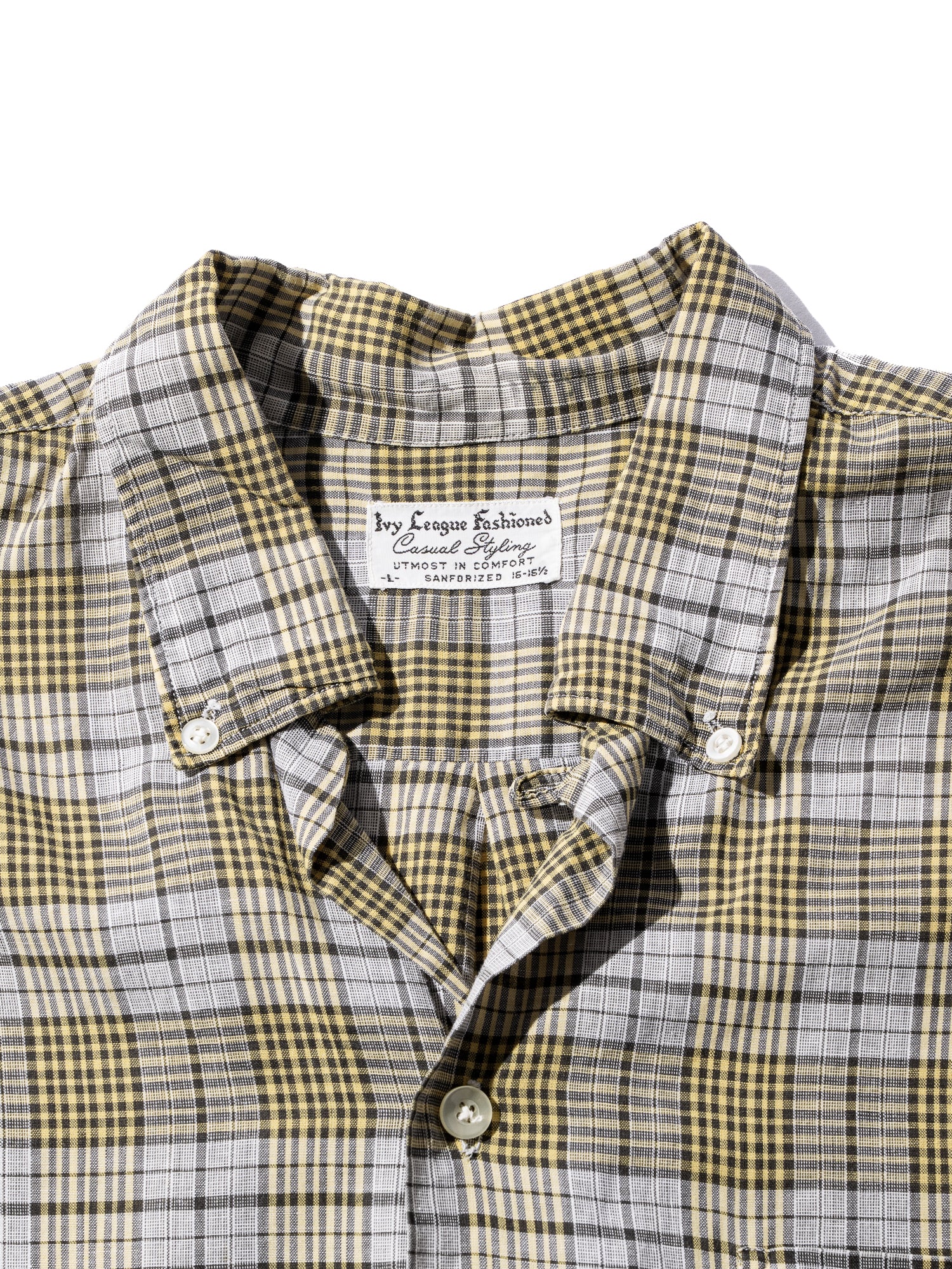 NorMo Vintage / 50's  60's "IVY LEAGUE FASHONED" YELLOW CHECK BD SHIRTS SIZE L SANFORIZED